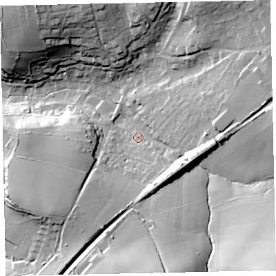 Shaded relief map of the ground around TQ50LU, computed from Environment Agency LiDAR. The ground here sits at about 35 m above sea level and falls 58 m across the surrounding 800 m. Surface water reaching this point runs off ground lying to the south-east, 44.3 m higher.