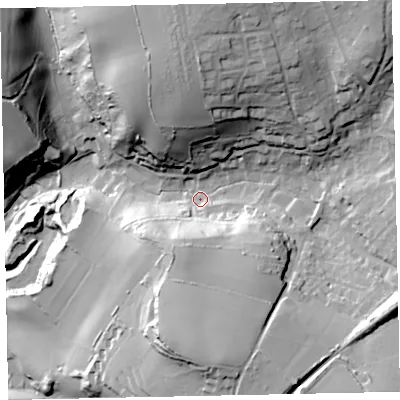 Shaded relief map of the ground around TQ50NE, computed from Environment Agency LiDAR. The ground here sits at about 25 m above sea level and falls 59 m across the surrounding 800 m. Surface water reaching this point runs off ground lying to the north, 40.0 m higher.
