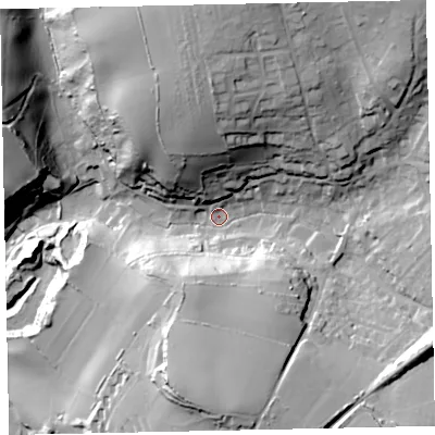 Shaded relief map of the ground around TQ50NF, computed from Environment Agency LiDAR. The ground here sits at about 25 m above sea level and falls 59 m across the surrounding 800 m. Surface water reaching this point runs off ground lying to the north, 41.0 m higher.
