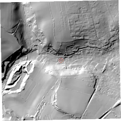 Shaded relief map of the ground around TQ50NG, computed from Environment Agency LiDAR. The ground here sits at about 22 m above sea level and falls 63 m across the surrounding 800 m. Surface water reaching this point runs off ground lying to the north, 43.5 m higher.