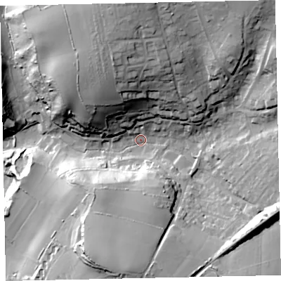 Shaded relief map of the ground around TQ50NH, computed from Environment Agency LiDAR. The ground here sits at about 27 m above sea level and falls 55 m across the surrounding 800 m. Surface water reaching this point runs off ground lying to the north, 39.4 m higher.