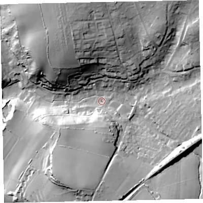 Shaded relief map of the ground around TQ50NP, computed from Environment Agency LiDAR. The ground here sits at about 28 m above sea level and falls 50 m across the surrounding 800 m. Surface water reaching this point runs off ground lying to the north-north-west, 37.1 m higher.
