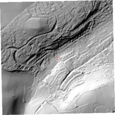 Shaded relief map of the ground around TQ50RZ, computed from Environment Agency LiDAR. The ground here sits at about 67 m above sea level and falls 105 m across the surrounding 800 m. Surface water reaching this point runs off ground lying to the south-east, 83.6 m higher.