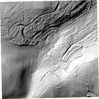 Shaded relief map of the ground around TQ50SB, computed from Environment Agency LiDAR. The ground here sits at about 74 m above sea level and falls 101 m across the surrounding 800 m. Surface water reaching this point runs off ground lying to the east-south-east, 76.3 m higher.