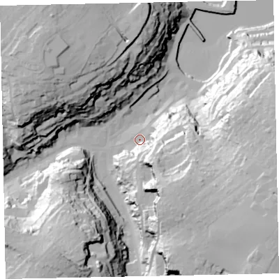 Shaded relief map of the ground around TQ58AA, computed from Environment Agency LiDAR. The ground here sits at about 8 m above sea level and falls 59 m across the surrounding 800 m. Surface water reaching this point runs off ground lying to the south-east, 35.4 m higher.