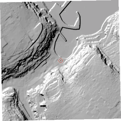 Shaded relief map of the ground around TQ58AH, computed from Environment Agency LiDAR. The ground here sits at about 3 m above sea level and falls 63 m across the surrounding 800 m. Surface water reaching this point runs off ground lying to the south-east, 58.8 m higher.