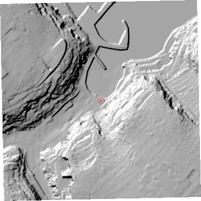 Shaded relief map of the ground around TQ58AJ, computed from Environment Agency LiDAR. The ground here sits at about 3 m above sea level and falls 63 m across the surrounding 800 m. Surface water reaching this point runs off ground lying to the south-east, 59.6 m higher.