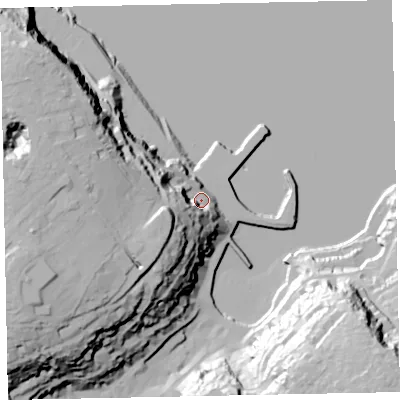 Shaded relief map of the ground around TQ58AR, computed from Environment Agency LiDAR. The ground here sits at about 11 m above sea level and falls 60 m across the surrounding 800 m. Surface water reaching this point runs off ground lying to the west-south-west, 50.5 m higher.