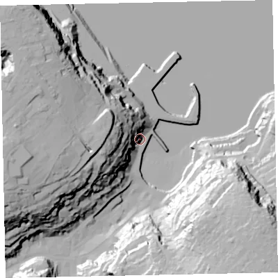 Shaded relief map of the ground around TQ58AW, computed from Environment Agency LiDAR. The ground here sits at about 10 m above sea level and falls 62 m across the surrounding 800 m. Surface water reaching this point runs off ground lying to the west, 42.0 m higher.