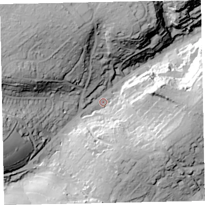 Shaded relief map of the ground around TQ58BZ, computed from Environment Agency LiDAR. The ground here sits at about 17 m above sea level and falls 54 m across the surrounding 800 m. Surface water reaching this point runs off ground lying to the west-north-west, 43.7 m higher.