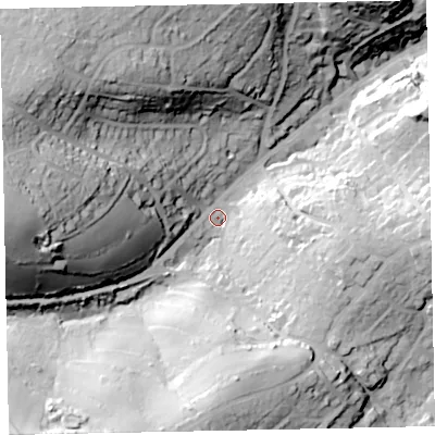 Shaded relief map of the ground around TQ58DA, computed from Environment Agency LiDAR. The ground here sits at about 22 m above sea level and falls 62 m across the surrounding 800 m. Surface water reaching this point runs off ground lying to the south-west, 38.9 m higher.