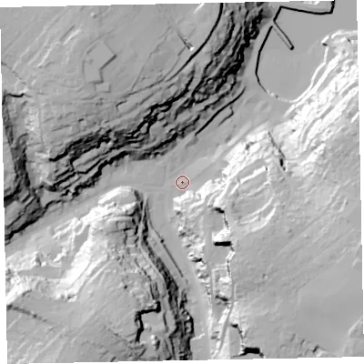 Shaded relief map of the ground around TQ58DS, computed from Environment Agency LiDAR. The ground here sits at about 7 m above sea level and falls 58 m across the surrounding 800 m. Surface water reaching this point runs off ground lying to the south-east, 37.1 m higher.