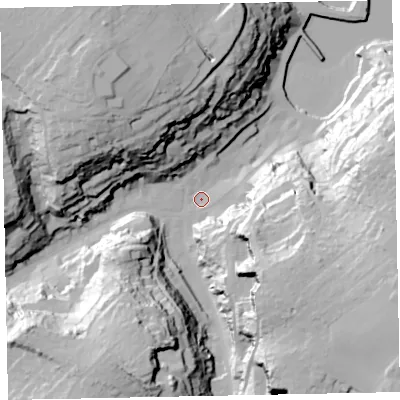 Shaded relief map of the ground around TQ58DT, computed from Environment Agency LiDAR. The ground here sits at about 6 m above sea level and falls 57 m across the surrounding 800 m. Surface water reaching this point runs off ground lying to the east-south-east, 49.0 m higher.