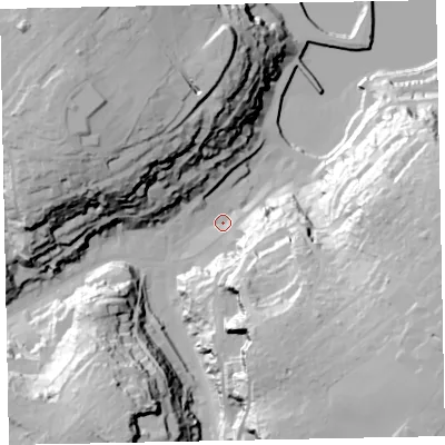 Shaded relief map of the ground around TQ58DY, computed from Environment Agency LiDAR. The ground here sits at about 5 m above sea level and falls 59 m across the surrounding 800 m. Surface water reaching this point runs off ground lying to the south-south-east, 47.5 m higher.