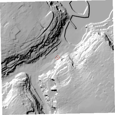 Shaded relief map of the ground around TQ58DZ, computed from Environment Agency LiDAR. The ground here sits at about 6 m above sea level and falls 61 m across the surrounding 800 m. Surface water reaching this point runs off ground lying to the south-east, 32.6 m higher.