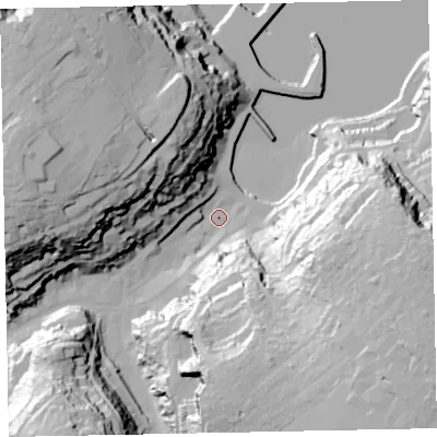 Shaded relief map of the ground around TQ58ED, computed from Environment Agency LiDAR. The ground here sits at about 4 m above sea level and falls 62 m across the surrounding 800 m. Surface water reaching this point runs off ground lying to the west-north-west, 51.8 m higher.