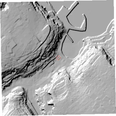 Shaded relief map of the ground around TQ58EE, computed from Environment Agency LiDAR. The ground here sits at about 4 m above sea level and falls 62 m across the surrounding 800 m. Surface water reaching this point runs off ground lying to the west-north-west, 51.8 m higher.