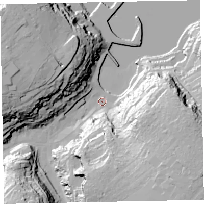 Shaded relief map of the ground around TQ58EF, computed from Environment Agency LiDAR. The ground here sits at about 3 m above sea level and falls 63 m across the surrounding 800 m. Surface water reaching this point runs off ground lying to the south-east, 55.8 m higher.