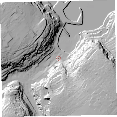 Shaded relief map of the ground around TQ58EG, computed from Environment Agency LiDAR. The ground here sits at about 4 m above sea level and falls 62 m across the surrounding 800 m. Surface water reaching this point runs off ground lying to the south-east, 55.4 m higher.