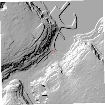 Shaded relief map of the ground around TQ58EH, computed from Environment Agency LiDAR. The ground here sits at about 3 m above sea level and falls 62 m across the surrounding 800 m. Surface water reaching this point runs off ground lying to the west-north-west, 51.8 m higher.