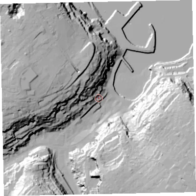 Shaded relief map of the ground around TQ58EJ, computed from Environment Agency LiDAR. The ground here sits at about 10 m above sea level and falls 62 m across the surrounding 800 m. Surface water reaching this point runs off ground lying to the north-west, 32.2 m higher.