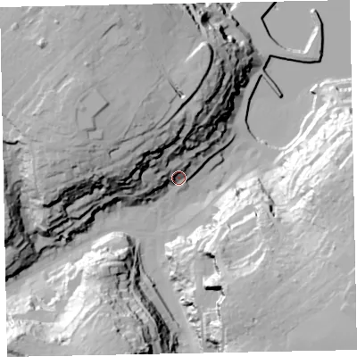 Shaded relief map of the ground around TQ58ER, computed from Environment Agency LiDAR. The ground here sits at about 10 m above sea level and falls 59 m across the surrounding 800 m. Surface water reaching this point runs off ground lying to the north-west, 43.5 m higher.