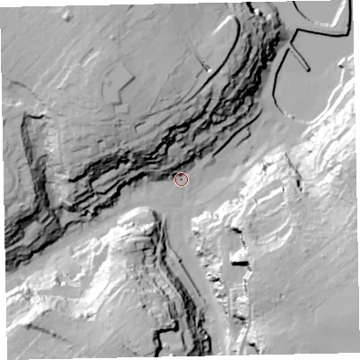 Shaded relief map of the ground around TQ58EU, computed from Environment Agency LiDAR. The ground here sits at about 7 m above sea level and falls 57 m across the surrounding 800 m. Surface water reaching this point runs off ground lying to the north-west, 44.3 m higher.