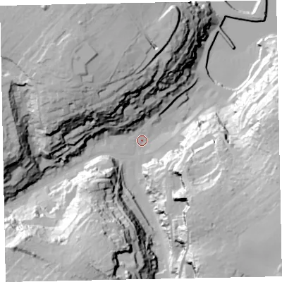 Shaded relief map of the ground around TQ58EX, computed from Environment Agency LiDAR. The ground here sits at about 6 m above sea level and falls 57 m across the surrounding 800 m. Surface water reaching this point runs off ground lying to the south-east, 49.0 m higher.