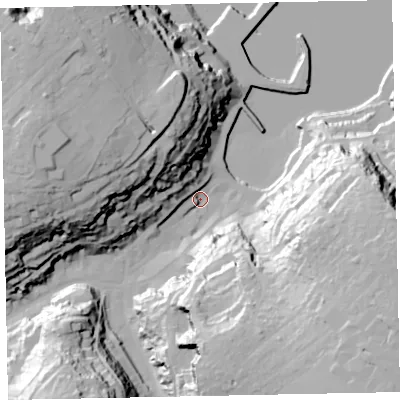 Shaded relief map of the ground around TQ58JH, computed from Environment Agency LiDAR. The ground here sits at about 4 m above sea level and falls 62 m across the surrounding 800 m. Surface water reaching this point runs off ground lying to the west-north-west, 51.2 m higher.