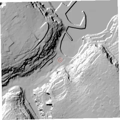Shaded relief map of the ground around TQ58JL, computed from Environment Agency LiDAR. The ground here sits at about 3 m above sea level and falls 62 m across the surrounding 800 m. Surface water reaching this point runs off ground lying to the west-north-west, 51.8 m higher.