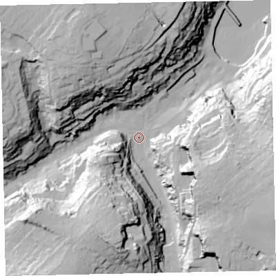 Shaded relief map of the ground around TQ58LT, computed from Environment Agency LiDAR. The ground here sits at about 7 m above sea level and falls 57 m across the surrounding 800 m. Surface water reaching this point runs off ground lying to the north-north-west, 47.8 m higher.