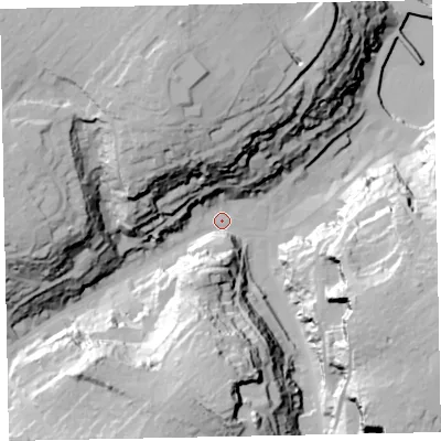 Shaded relief map of the ground around TQ58LZ, computed from Environment Agency LiDAR. The ground here sits at about 8 m above sea level and falls 57 m across the surrounding 800 m. Surface water reaching this point runs off ground lying to the north-north-west, 47.5 m higher.