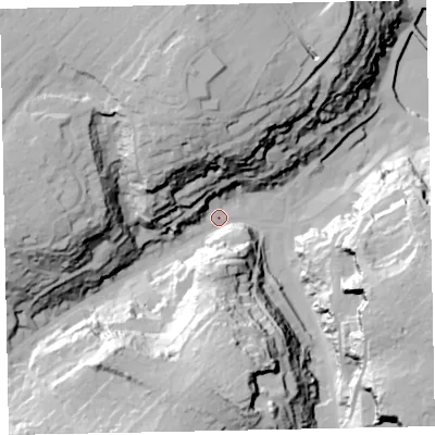 Shaded relief map of the ground around TQ58NA, computed from Environment Agency LiDAR. The ground here sits at about 8 m above sea level and falls 57 m across the surrounding 800 m. Surface water reaching this point runs off ground lying to the north-north-west, 47.5 m higher.