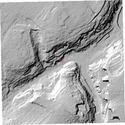 Shaded relief map of the ground around TQ58NB, computed from Environment Agency LiDAR. The ground here sits at about 8 m above sea level and falls 57 m across the surrounding 800 m. Surface water reaching this point runs off ground lying to the north, 47.5 m higher.