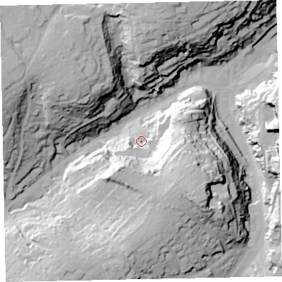 Shaded relief map of the ground around TQ58NF, computed from Environment Agency LiDAR. The ground here sits at about 16 m above sea level and falls 52 m across the surrounding 800 m. Surface water reaching this point runs off ground lying to the south-east, 34.7 m higher.