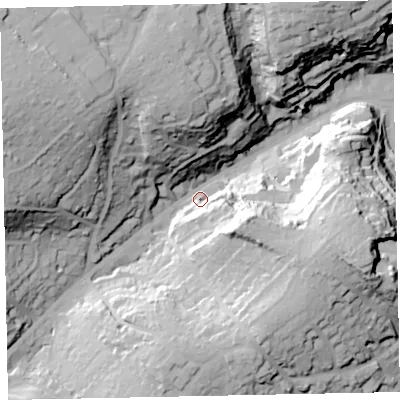 Shaded relief map of the ground around TQ58NJ, computed from Environment Agency LiDAR. The ground here sits at about 14 m above sea level and falls 52 m across the surrounding 800 m. Surface water reaching this point runs off ground lying to the west-north-west, 46.4 m higher.