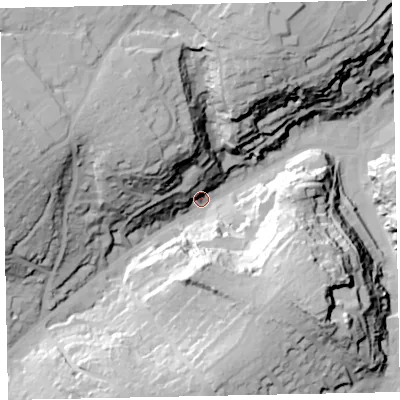 Shaded relief map of the ground around TQ58NL, computed from Environment Agency LiDAR. The ground here sits at about 13 m above sea level and falls 53 m across the surrounding 800 m. Surface water reaching this point runs off ground lying to the west-north-west, 47.7 m higher.