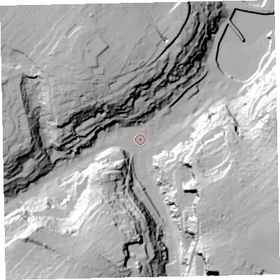 Shaded relief map of the ground around TQ58TA, computed from Environment Agency LiDAR. The ground here sits at about 7 m above sea level and falls 57 m across the surrounding 800 m. Surface water reaching this point runs off ground lying to the north-west, 48.0 m higher.