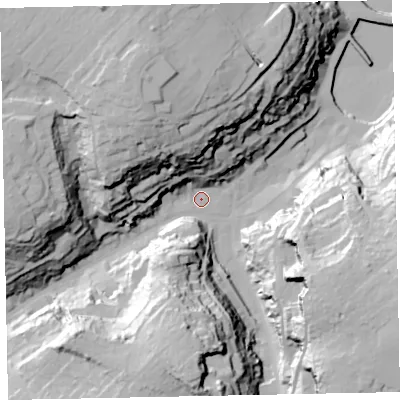 Shaded relief map of the ground around TQ58TQ, computed from Environment Agency LiDAR. The ground here sits at about 7 m above sea level and falls 57 m across the surrounding 800 m. Surface water reaching this point runs off ground lying to the north-north-west, 47.5 m higher.