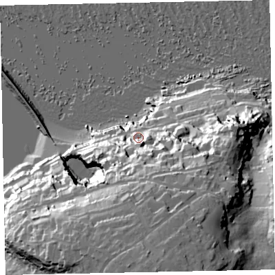 Shaded relief map of the ground around TQ59AG, computed from Environment Agency LiDAR. The ground here sits at about 19 m above sea level and falls 63 m across the surrounding 800 m. Surface water reaching this point runs off ground lying to the south-south-east, 32.2 m higher.