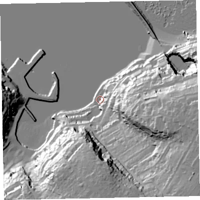 Shaded relief map of the ground around TQ59BP, computed from Environment Agency LiDAR. The ground here sits at about 3 m above sea level and falls 61 m across the surrounding 800 m. Surface water reaching this point runs off ground lying to the south, 54.2 m higher.