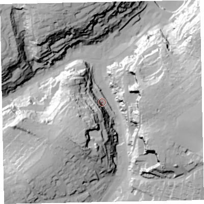 Shaded relief map of the ground around TQ59BT, computed from Environment Agency LiDAR. The ground here sits at about 13 m above sea level and falls 56 m across the surrounding 800 m. Surface water reaching this point runs off ground lying to the south-west, 41.4 m higher.