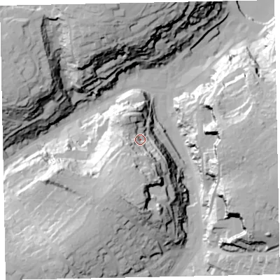 Shaded relief map of the ground around TQ59BU, computed from Environment Agency LiDAR. The ground here sits at about 30 m above sea level and falls 56 m across the surrounding 800 m. Surface water reaching this point runs off ground lying to the south-south-west, 26.8 m higher.