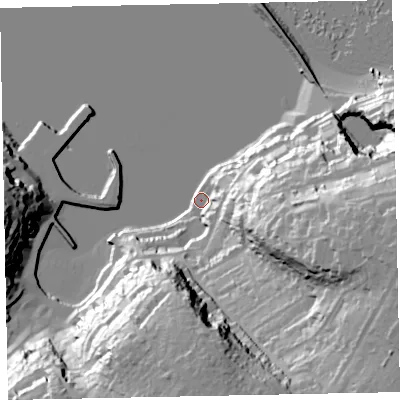 Shaded relief map of the ground around TQ59BW, computed from Environment Agency LiDAR. The ground here sits at about 3 m above sea level and falls 60 m across the surrounding 800 m. Surface water reaching this point runs off ground lying to the south, 59.4 m higher.