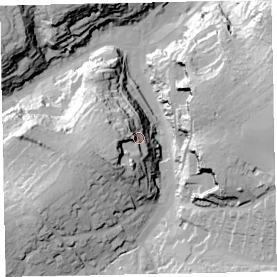 Shaded relief map of the ground around TQ59BY, computed from Environment Agency LiDAR. The ground here sits at about 37 m above sea level and falls 50 m across the surrounding 800 m. Surface water reaching this point runs off ground lying to the west-south-west, 25.8 m higher.