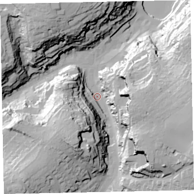 Shaded relief map of the ground around TQ59BZ, computed from Environment Agency LiDAR. The ground here sits at about 7 m above sea level and falls 56 m across the surrounding 800 m. Surface water reaching this point runs off ground lying to the east-south-east, 47.5 m higher.