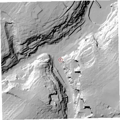 Shaded relief map of the ground around TQ59DE, computed from Environment Agency LiDAR. The ground here sits at about 7 m above sea level and falls 57 m across the surrounding 800 m. Surface water reaching this point runs off ground lying to the east-south-east, 47.9 m higher.