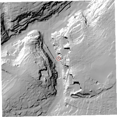 Shaded relief map of the ground around TQ59DH, computed from Environment Agency LiDAR. The ground here sits at about 10 m above sea level and falls 56 m across the surrounding 800 m. Surface water reaching this point runs off ground lying to the east, 47.5 m higher.