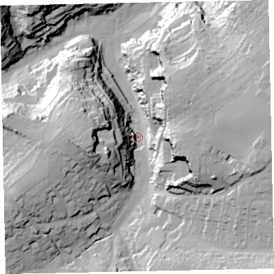 Shaded relief map of the ground around TQ59DJ, computed from Environment Agency LiDAR. The ground here sits at about 13 m above sea level and falls 51 m across the surrounding 800 m. Surface water reaching this point runs off ground lying to the east, 43.2 m higher.