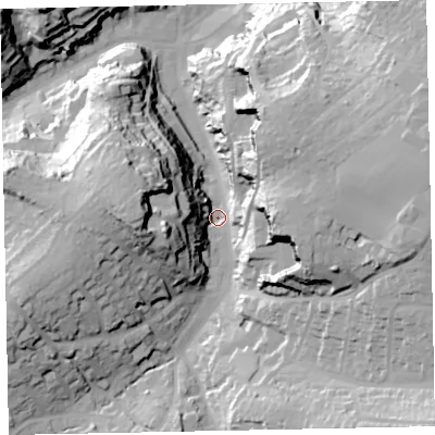 Shaded relief map of the ground around TQ59DL, computed from Environment Agency LiDAR. The ground here sits at about 13 m above sea level and falls 51 m across the surrounding 800 m. Surface water reaching this point runs off ground lying to the east-north-east, 43.0 m higher.